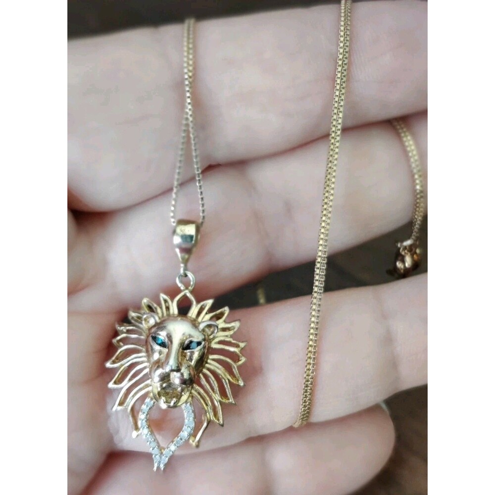 Lion King Blue Eye Leo 925 Sterling Silver Gold 1" Pendant 18" Necklace Italy